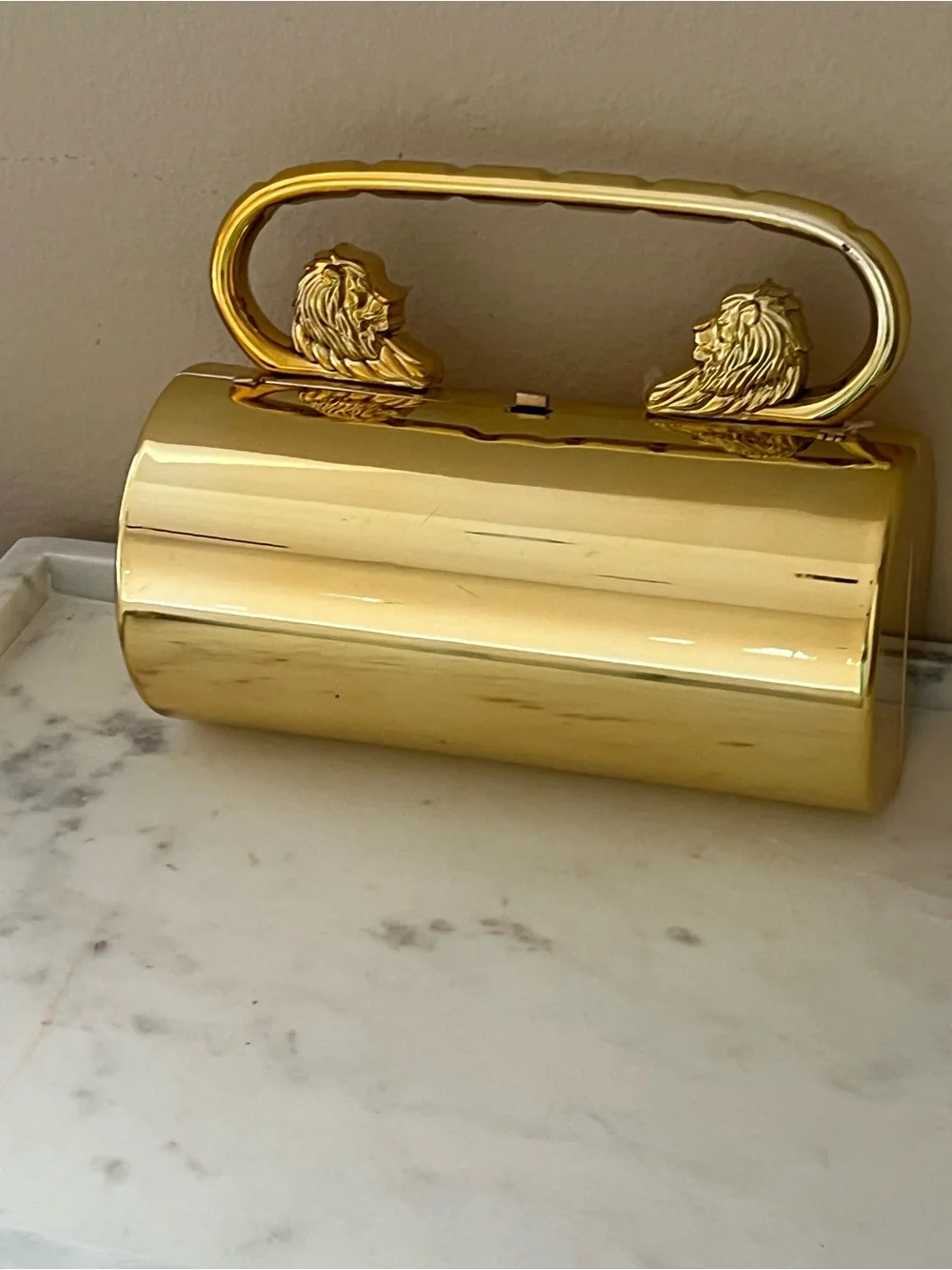 Gold Lion-Handle Cylindrical Minaudière Barrel Clutch
